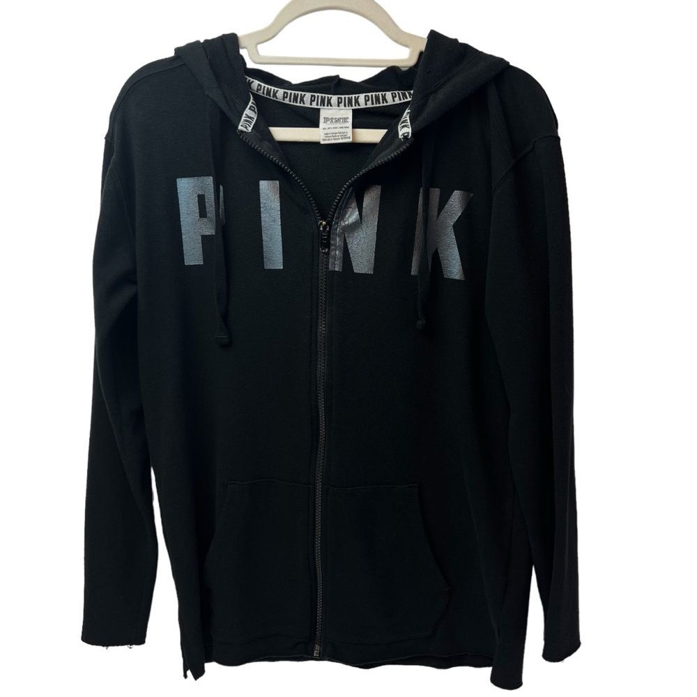 Pink Victoria’s Secret Oversized Logo Full Zip Hoodie Black XS